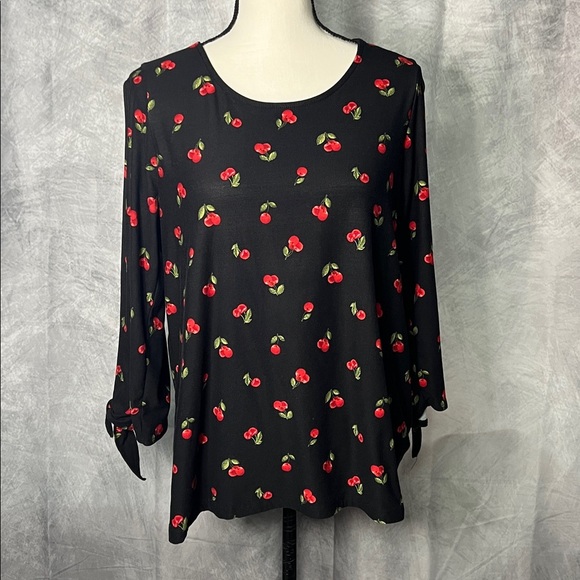 GILLI Cherry Print on Black Open Tie Slit Sleeve Boatneck Top - MED - Picture 1 of 13